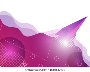 Red paper airplane flying on purple sky and cloud. Paper aeroplane flying over clouds with heart flat design icon. Business success and leadership creative concept idea. Vector illustration.
