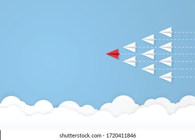 red paper airplane flying on blue sky of business teamwork. Leader or boss concept. business and finance for success. vector illustration in flat design. copy space for text input.