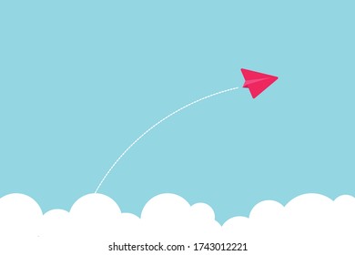 Red paper airplane flying on sky and cloud.