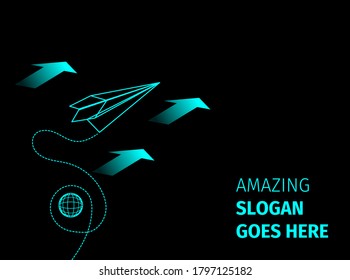 Red paper airplane flying on black background and cloud. Business success and leadership creative concept idea. Vector illustration