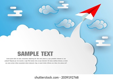 Red paper airplane flying on the blue sky and cloud. Paper cut art style of business success and leadership creative concept idea. Vector illustration
