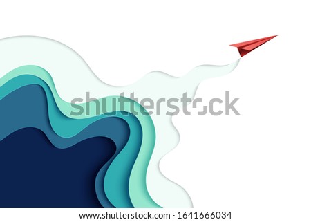 Red paper airplane flying on blue paper art abstract background landing page.Vector illustration.