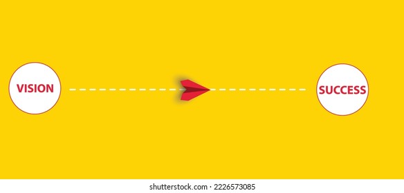 Red paper airplane flying from Vision to Success goal. Thinking by taking action changes the concept of business life. Different thinking, Business leader, personality development idea concept.