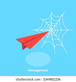 red paper airplane flying in a web, isometric image