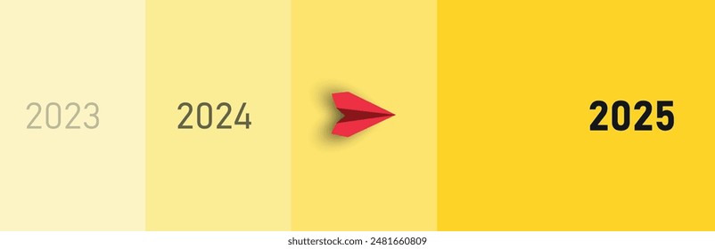 Red paper airplane going to new year 2025.
goal focus future reach idea concept.