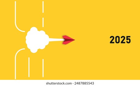 Red paper airplane going to new year 2025. goal focus future reach idea concept.