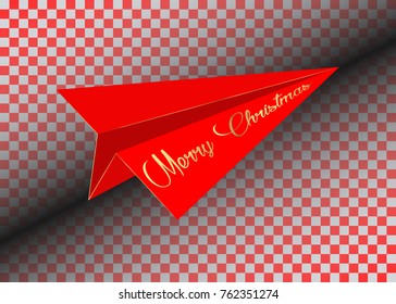 Red Paper airplane, Gold Merry Christmas flying, vector isolated