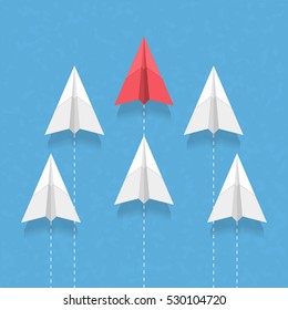 Red paper airplane as a leader among white airplanes, leadership, teamwork, motivation, stand out of the crowd concept, vector eps10 illustration