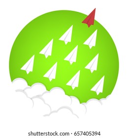 Red paper airplane as a leader among others, leadership, teamwork, motivation, stand out of the crowd concept, EPS10 vector