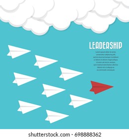 Red paper airplane as a leader among others, leadership, teamwork, motivation, stand out of the crowd concept, EPS10 vector