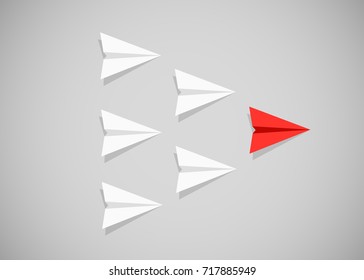 Red paper airplane as a leader among white airplanes. Leadership, teamwork, motivation concept. Vector illustration