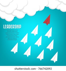 Red paper airplane as a leader among others, leadership, teamwork, motivation, stand out of the crowd concept, EPS10 vector