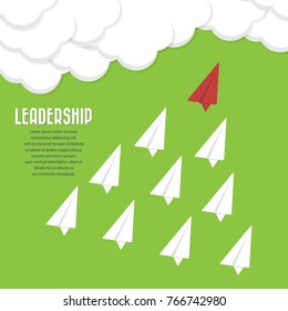 Red paper airplane as a leader among others, leadership, teamwork, motivation, stand out of the crowd concept, EPS10 vector