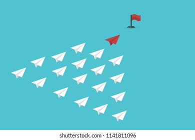 Red paper airplane leading group of white ones to red flag. Leadership, teamwork, success concept. New idea, change, trend, courage, creative solution, innovation and unique way concept.Vector illustr
