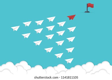 Red paper airplane leading group of white ones to red flag. Leadership, teamwork, success concept. New idea, change, trend, courage, creative solution, innovation and unique way concept.Vector illustr