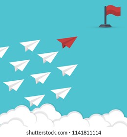 Red paper airplane leading group of white ones to red flag. Leadership, teamwork, success concept. New idea, change, trend, courage, creative solution, innovation and unique way concept.Vector illustr