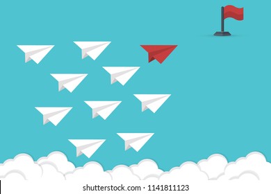 Red paper airplane leading group of white ones to red flag. Leadership, teamwork, success concept. New idea, change, trend, courage, creative solution, innovation and unique way concept.Vector illustr