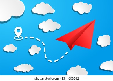 red paper airplane with start point, dah line trace and white clouds on blue air background. Influencer, KOL, key opinion leadership concept