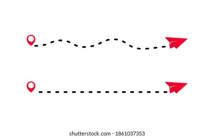 Red paper airplane with a trace. Airplane path. Travel and distance concept. Plane and a map pin. Travel route. Vector illustration