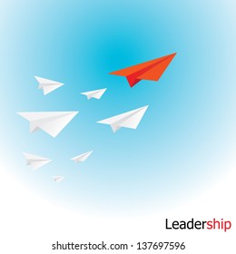 red paper airplane with white paper airplanes behind in blue sky. concept of growth or leadership. business metaphor. vector illustration