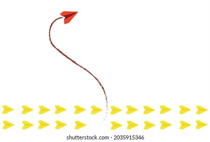 red paper airplane airplane, yellow airplanes in different direction.new idea, change, trend, courage, creative solution, innovation concept.