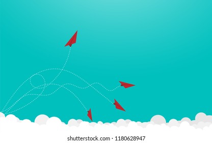 Red paper airplanes. Paper airplanes with dashed lines. Paper airplanes flying on sky with cloud background. Concept business, Vector illustration flat