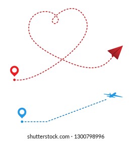 Red paper airplanes with dotted flight path. Blue Plane line path. dotted trail and fly direction. Airplane silhouette. Vector illustration.