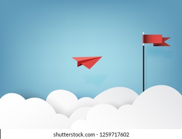 Red paper airplanes flying to red flag on blue sky and cloud.Paper art style of business success and leadership creative concept idea.Vector illustration