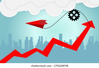 Red paper airplanes flying to red flag on blue sky and cloud.Paper art style of business success and leadership creative concept idea.Vector illustration
