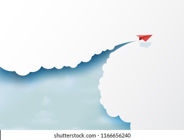 Red paper airplanes flying on blue sky and cloud.Paper art style of business success and leadership creative concept idea.Vector illustration
