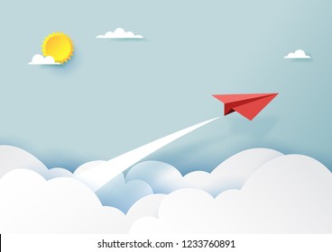 Red paper airplanes flying on blue sky and cloud.Paper art style of business success and leadership creative concept idea.Vector illustration