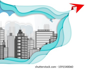 Red paper airplanes flying on blue sky and cloud.Paper art style of business success and leadership creative concept idea.Vector illustration
