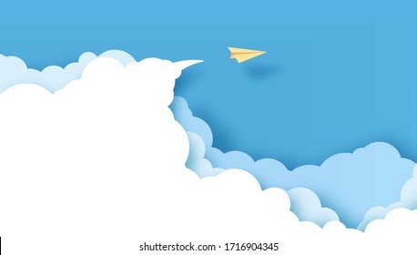 Red paper airplanes flying on blue sky and cloud.Paper art style of business success and leadership creative concept idea.Vector illustration