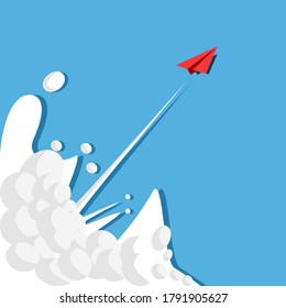 Red paper airplanes flying on sky and cloud. style of business success and leadership creative concept idea