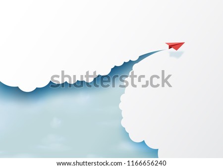 Red paper airplanes flying on blue sky and cloud.Paper art style of business success and leadership creative concept idea.Vector illustration