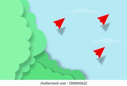 Red paper airplanes flying together on blue sky and forest top view background. Creative concept idea of  business success and leadership in paper craft art style design .Vector illustration
