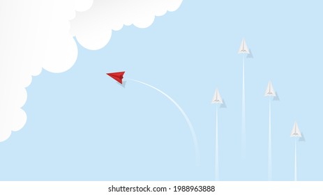 red paper airplanes leader fly different direction on blue sky with cloud background. Creative concept idea of  business success, think different and leadership. paper cut Vector illustration
