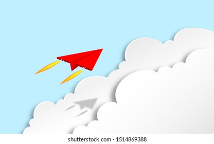 Red paper airplanes  leader flying above the blue sky and cloud background. Creative concept idea of  business success and leadership in paper craft art style design .Vector illustration
