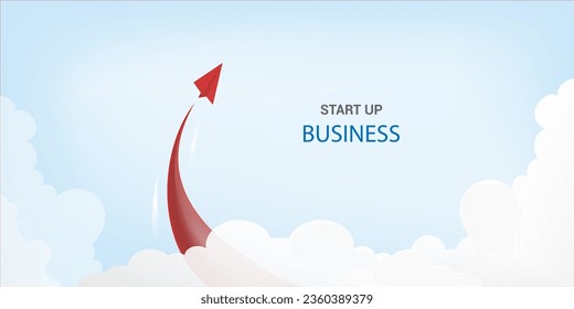 Red paper airplanes  leader flying above the blue sky and cloud background. Creative concept idea of  business success, start up and leadership Vector illustration.

