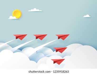 Red paper airplanes teamwork flying on blue sky and cloud.Paper art style of business teamwork and leadership creative concept idea.Vector illustration