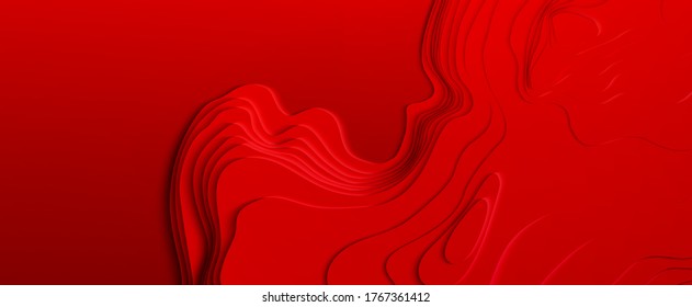 Red paper art cartoon abstract waves. Color waves. Vector abstract topographic map concept with space for your copy. 3D Cartography concep background. Modern origami design template