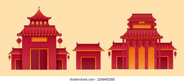 Red paper art style asia traditional building set. Illustrated red traditional buildings side by side isolated on beige background.