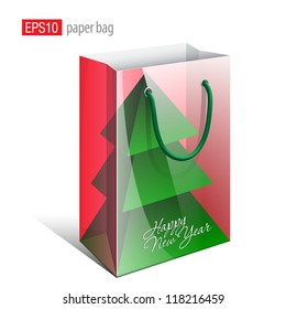 Red Paper Bag with a picture that simulates the inside is a Christmas tree. Vector illustration