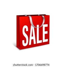 red  paper bag sale. Packaging batch for purchases pack for purchases with white rope handles  for design or text. High resolution 3d illustration. Isolated on white background. 