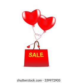 Red Paper bag and Two Heart Shape Balloon Vector Design