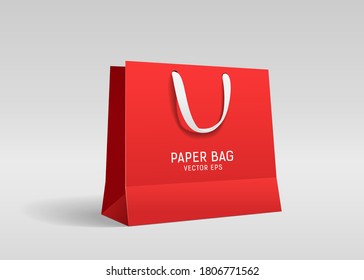 Red paper bag, with white cloth handle design, template on gray background Eps 10 vector illustration