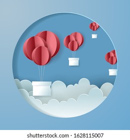 Red paper balloon floating and gift box on in the air blue sky background for Valentine's day, Birthday, Anniversary and celebration concept. eps 10 vector.