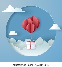 Red paper balloon floating and gift box on in the air blue sky background for Valentine's day, Birthday, Anniversary and celebration concept. eps 10 vector.