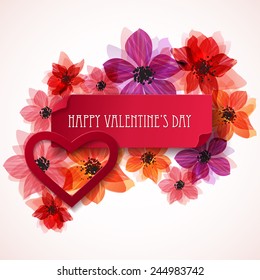 Red paper banner and Heart Sticker on floral background. Valentine's day or Spring banner, Greeting card. Vector illustration 