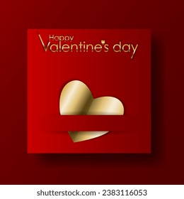 Red paper banner with red hearts. Valentines day greeting card template, sticker, banner, template, mockup. Paper cut style